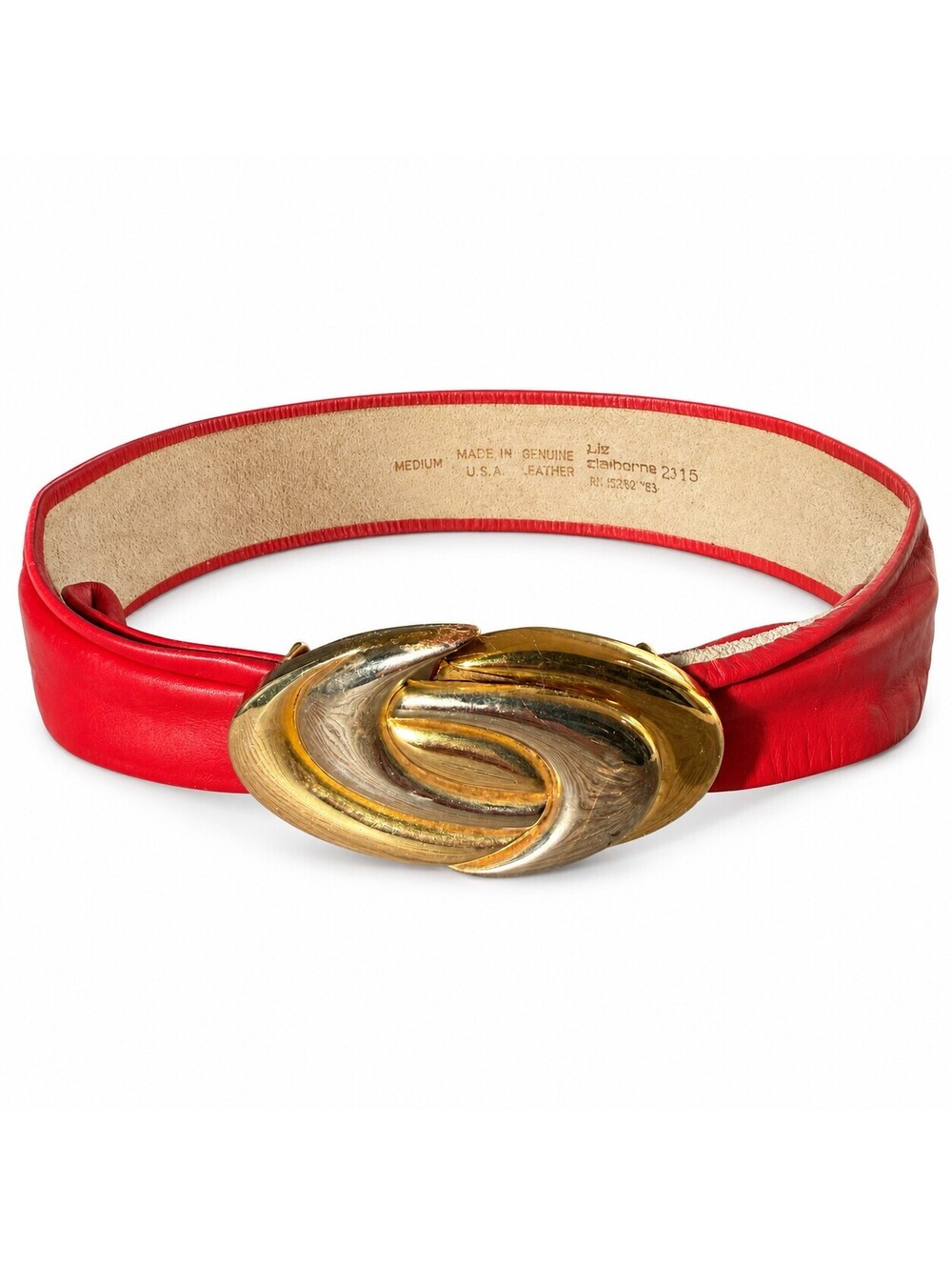 Vintage Liz Claiborne Red Leather Belt Medium Gold LC Buckle 80s Glam